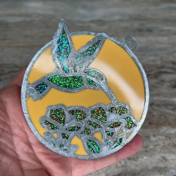 Stained Glass Hummingbird & Flowers Suncatcher Round Hanging Ornament 3 Inches - Picture 4 of 7